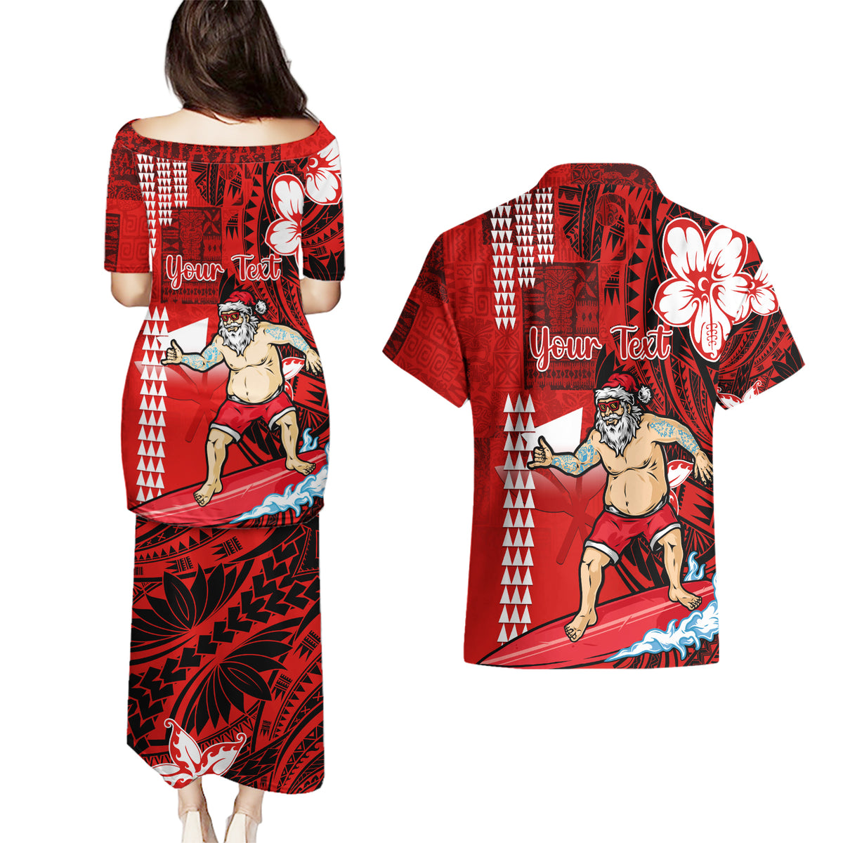 Personalised Hawaii Christmas Couples Matching Puletasi Dress and Hawaiian Shirt Mele Kalikimaka Surfing Santa Claus - Wonder Print Shop
