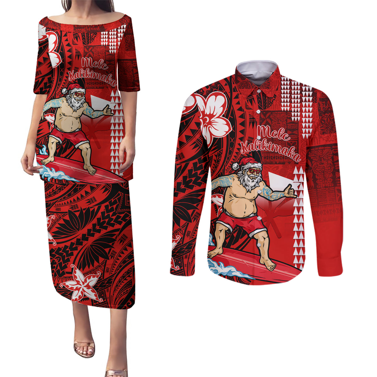 Personalised Hawaii Christmas Couples Matching Puletasi Dress and Long Sleeve Button Shirts Mele Kalikimaka Surfing Santa Claus - Wonder Print Shop