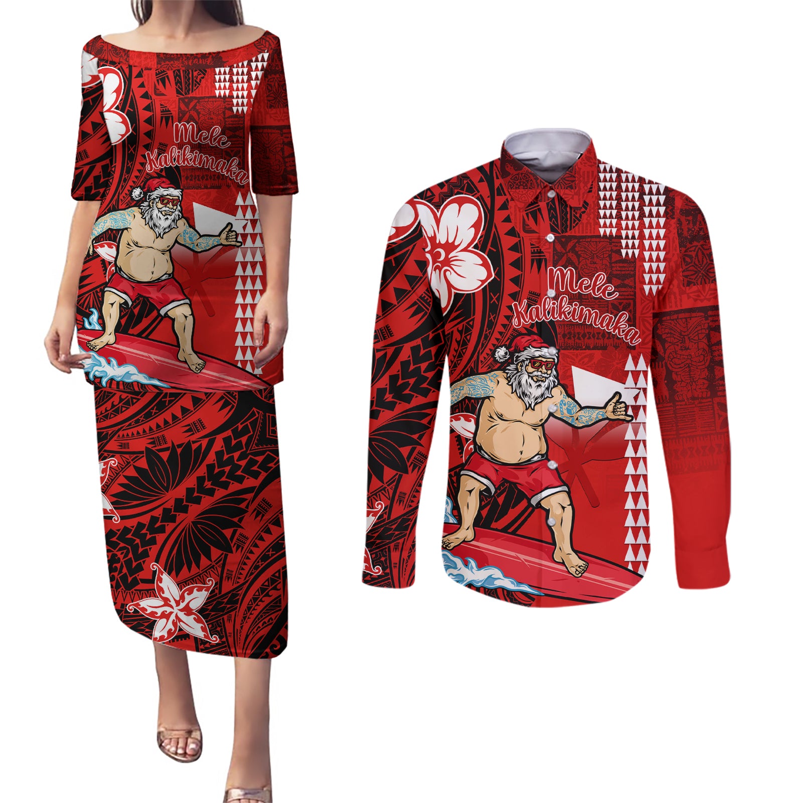 Personalised Hawaii Christmas Couples Matching Puletasi Dress and Long Sleeve Button Shirts Mele Kalikimaka Surfing Santa Claus - Wonder Print Shop