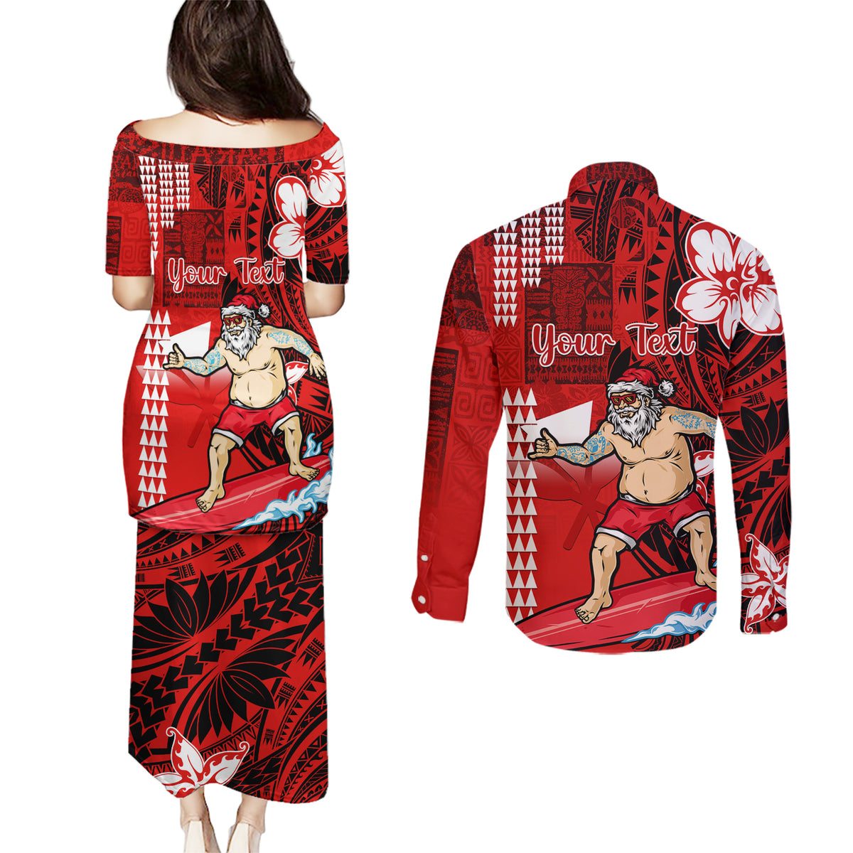 Personalised Hawaii Christmas Couples Matching Puletasi Dress and Long Sleeve Button Shirts Mele Kalikimaka Surfing Santa Claus - Wonder Print Shop