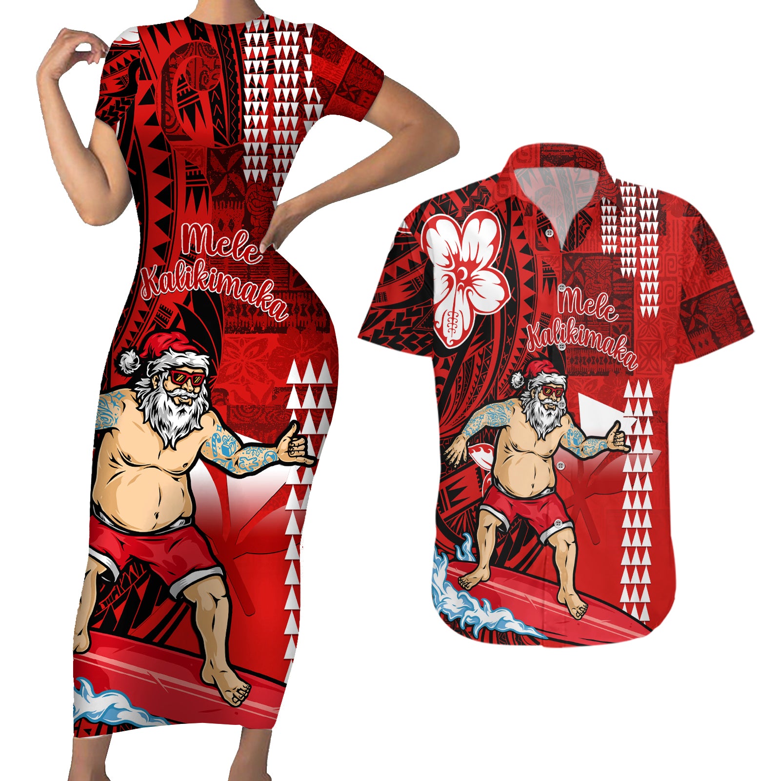 Personalised Hawaii Christmas Couples Matching Short Sleeve Bodycon Dress and Hawaiian Shirt Mele Kalikimaka Surfing Santa Claus - Wonder Print Shop