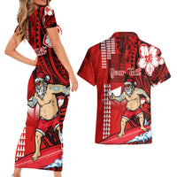 Personalised Hawaii Christmas Couples Matching Short Sleeve Bodycon Dress and Hawaiian Shirt Mele Kalikimaka Surfing Santa Claus - Wonder Print Shop