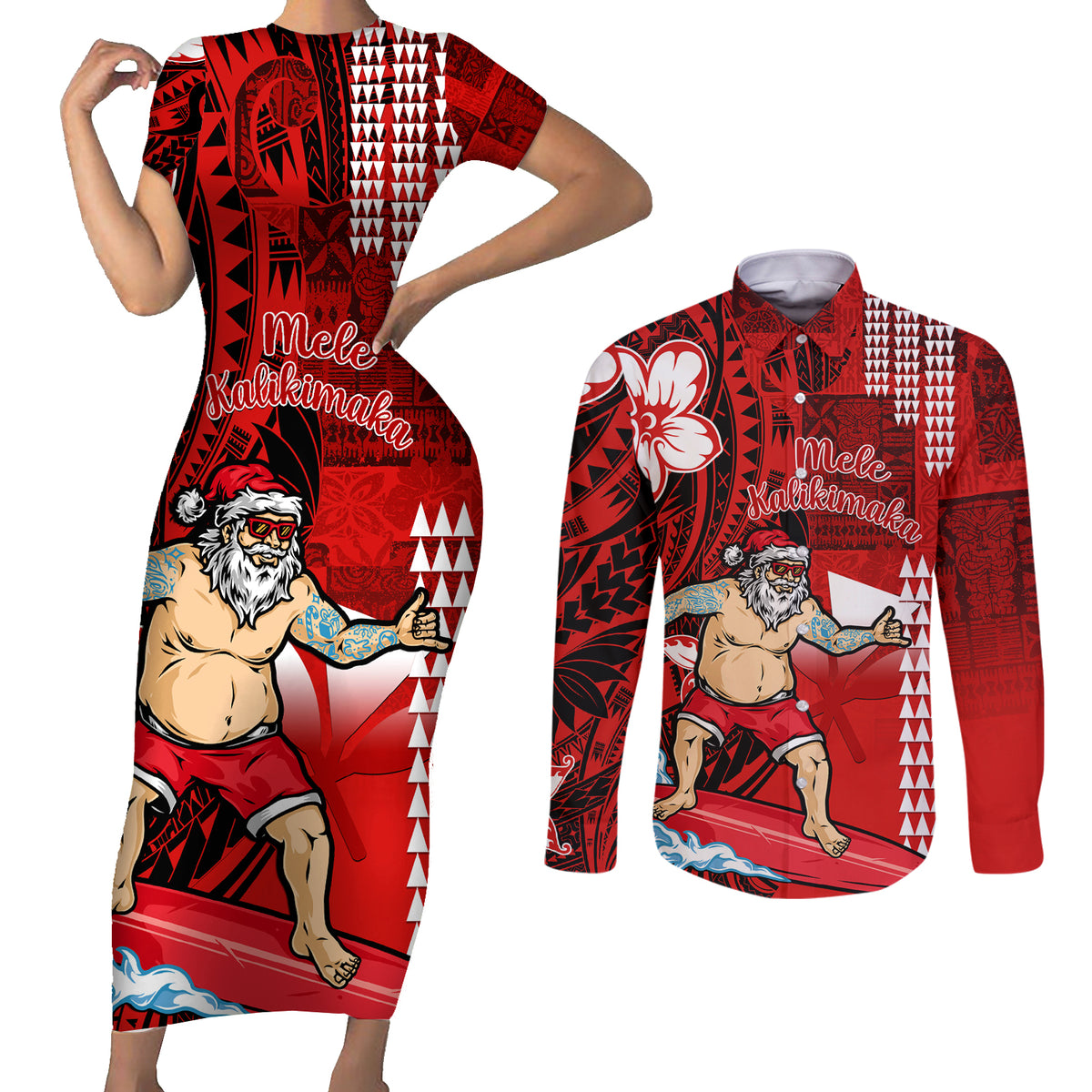 Personalised Hawaii Christmas Couples Matching Short Sleeve Bodycon Dress and Long Sleeve Button Shirts Mele Kalikimaka Surfing Santa Claus - Wonder Print Shop