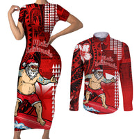 Personalised Hawaii Christmas Couples Matching Short Sleeve Bodycon Dress and Long Sleeve Button Shirts Mele Kalikimaka Surfing Santa Claus - Wonder Print Shop