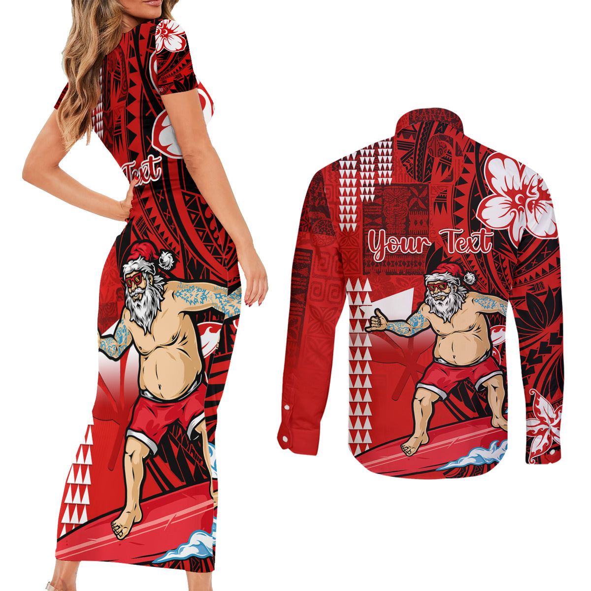 Personalised Hawaii Christmas Couples Matching Short Sleeve Bodycon Dress and Long Sleeve Button Shirts Mele Kalikimaka Surfing Santa Claus - Wonder Print Shop