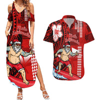 Personalised Hawaii Christmas Couples Matching Summer Maxi Dress and Hawaiian Shirt Mele Kalikimaka Surfing Santa Claus - Wonder Print Shop