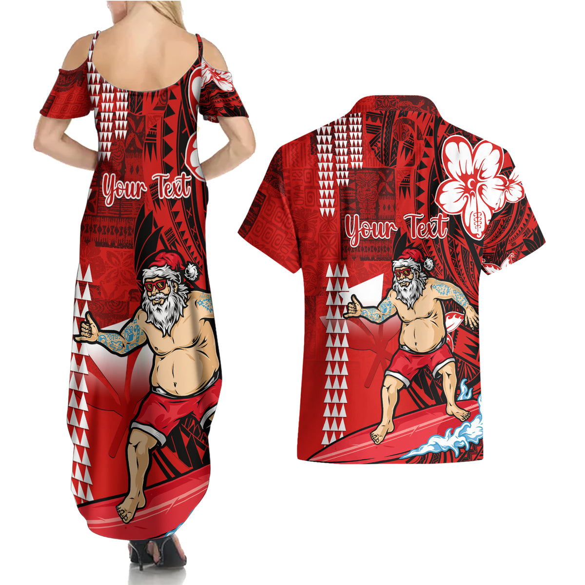 Personalised Hawaii Christmas Couples Matching Summer Maxi Dress and Hawaiian Shirt Mele Kalikimaka Surfing Santa Claus - Wonder Print Shop