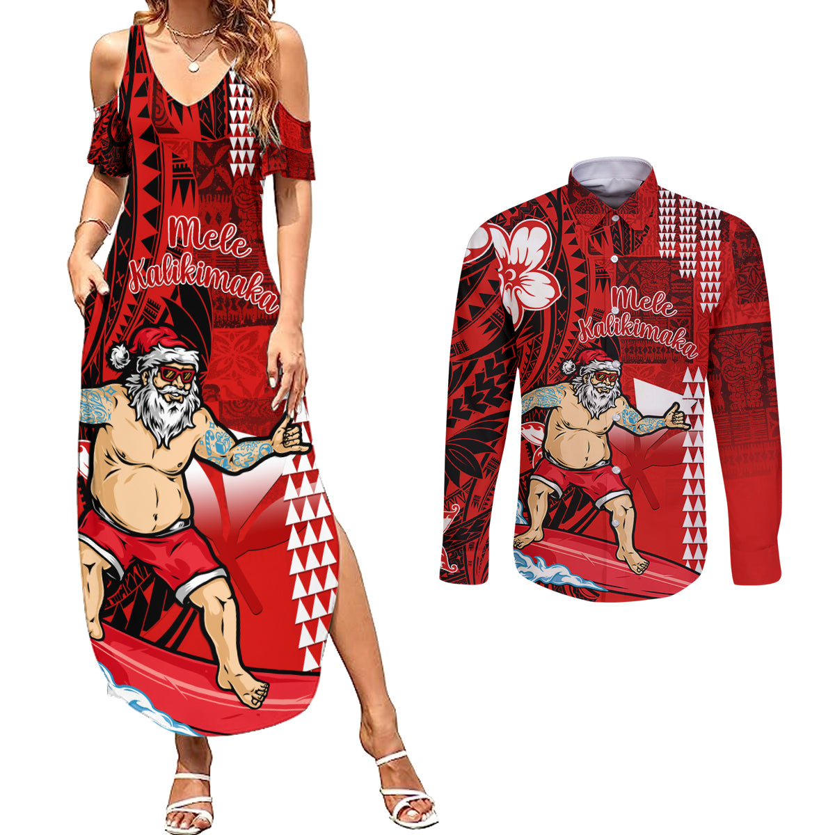 Personalised Hawaii Christmas Couples Matching Summer Maxi Dress and Long Sleeve Button Shirts Mele Kalikimaka Surfing Santa Claus - Wonder Print Shop