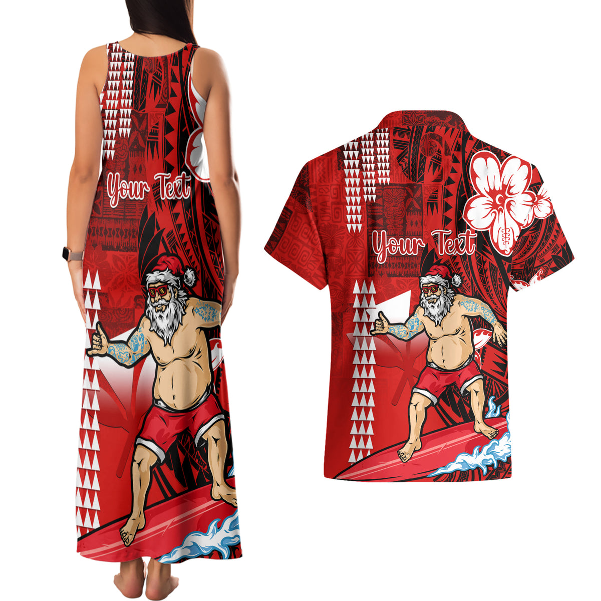 Personalised Hawaii Christmas Couples Matching Tank Maxi Dress and Hawaiian Shirt Mele Kalikimaka Surfing Santa Claus - Wonder Print Shop