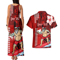 Personalised Hawaii Christmas Couples Matching Tank Maxi Dress and Hawaiian Shirt Mele Kalikimaka Surfing Santa Claus - Wonder Print Shop