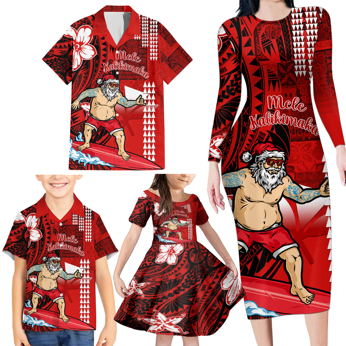Personalised Hawaii Christmas Family Matching Long Sleeve Bodycon Dress and Hawaiian Shirt Mele Kalikimaka Surfing Santa Claus - Wonder Print Shop