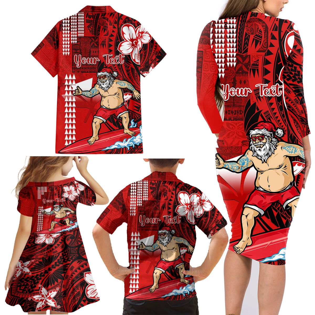 Personalised Hawaii Christmas Family Matching Long Sleeve Bodycon Dress and Hawaiian Shirt Mele Kalikimaka Surfing Santa Claus - Wonder Print Shop