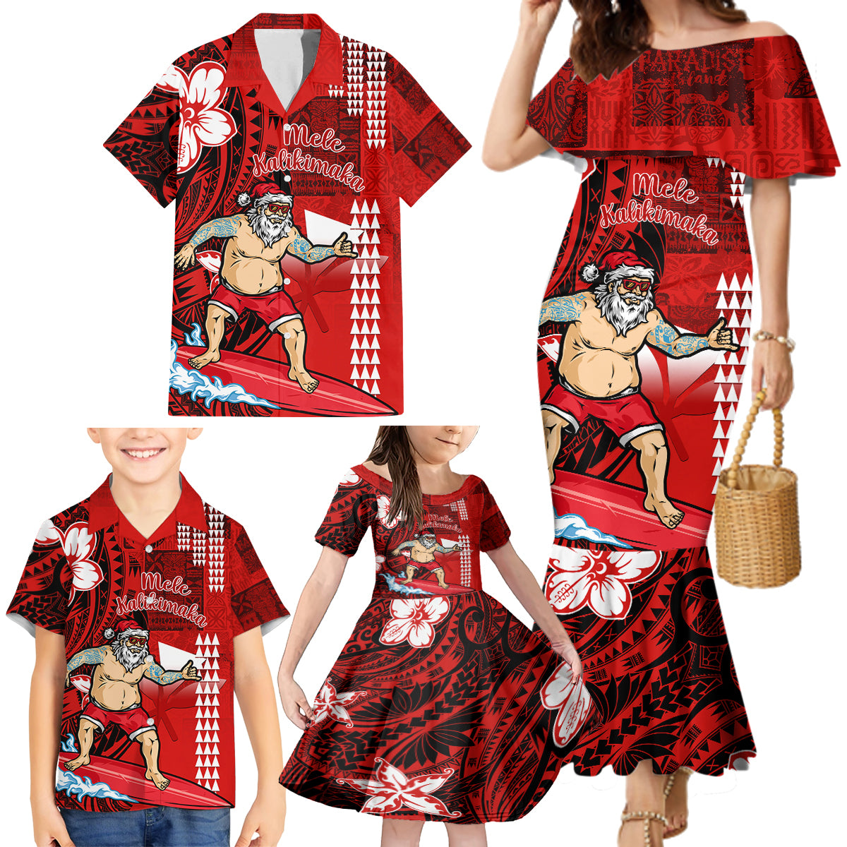 Personalised Hawaii Christmas Family Matching Mermaid Dress and Hawaiian Shirt Mele Kalikimaka Surfing Santa Claus - Wonder Print Shop