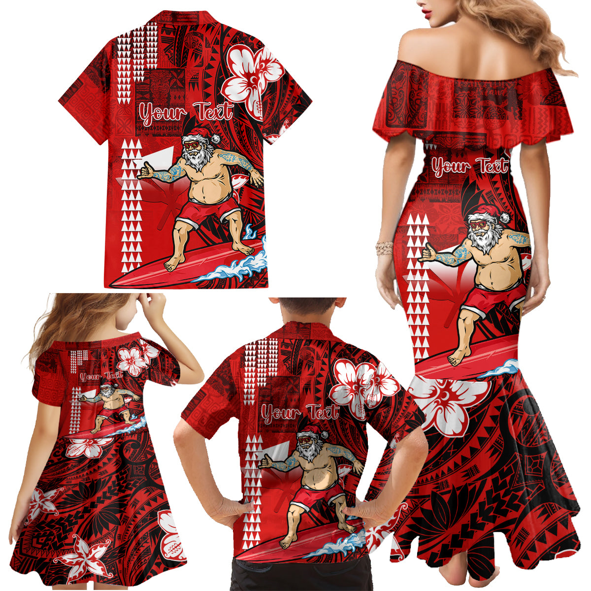 Personalised Hawaii Christmas Family Matching Mermaid Dress and Hawaiian Shirt Mele Kalikimaka Surfing Santa Claus - Wonder Print Shop