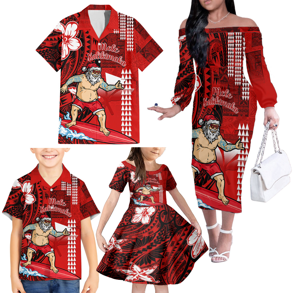 Personalised Hawaii Christmas Family Matching Off Shoulder Long Sleeve Dress and Hawaiian Shirt Mele Kalikimaka Surfing Santa Claus - Wonder Print Shop