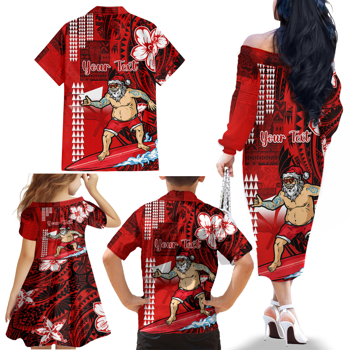 Personalised Hawaii Christmas Family Matching Off Shoulder Long Sleeve Dress and Hawaiian Shirt Mele Kalikimaka Surfing Santa Claus - Wonder Print Shop
