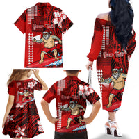 Personalised Hawaii Christmas Family Matching Off Shoulder Long Sleeve Dress and Hawaiian Shirt Mele Kalikimaka Surfing Santa Claus - Wonder Print Shop