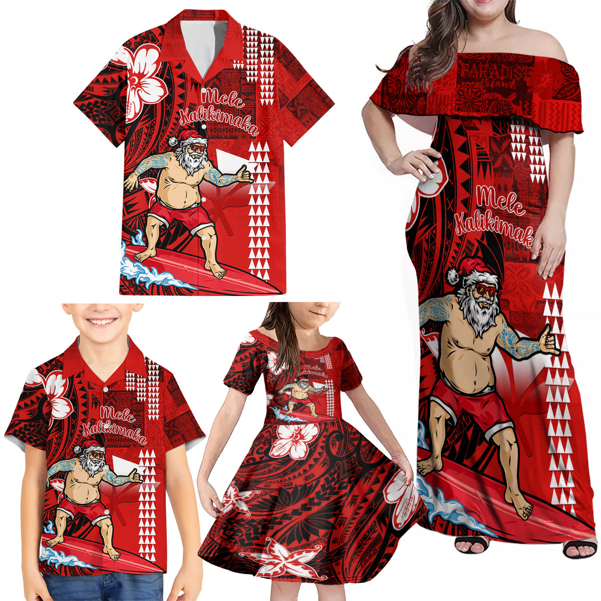 Personalised Hawaii Christmas Family Matching Off Shoulder Maxi Dress and Hawaiian Shirt Mele Kalikimaka Surfing Santa Claus - Wonder Print Shop