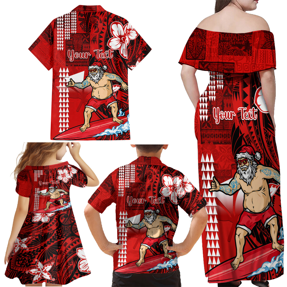 Personalised Hawaii Christmas Family Matching Off Shoulder Maxi Dress and Hawaiian Shirt Mele Kalikimaka Surfing Santa Claus - Wonder Print Shop