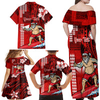 Personalised Hawaii Christmas Family Matching Off Shoulder Maxi Dress and Hawaiian Shirt Mele Kalikimaka Surfing Santa Claus - Wonder Print Shop