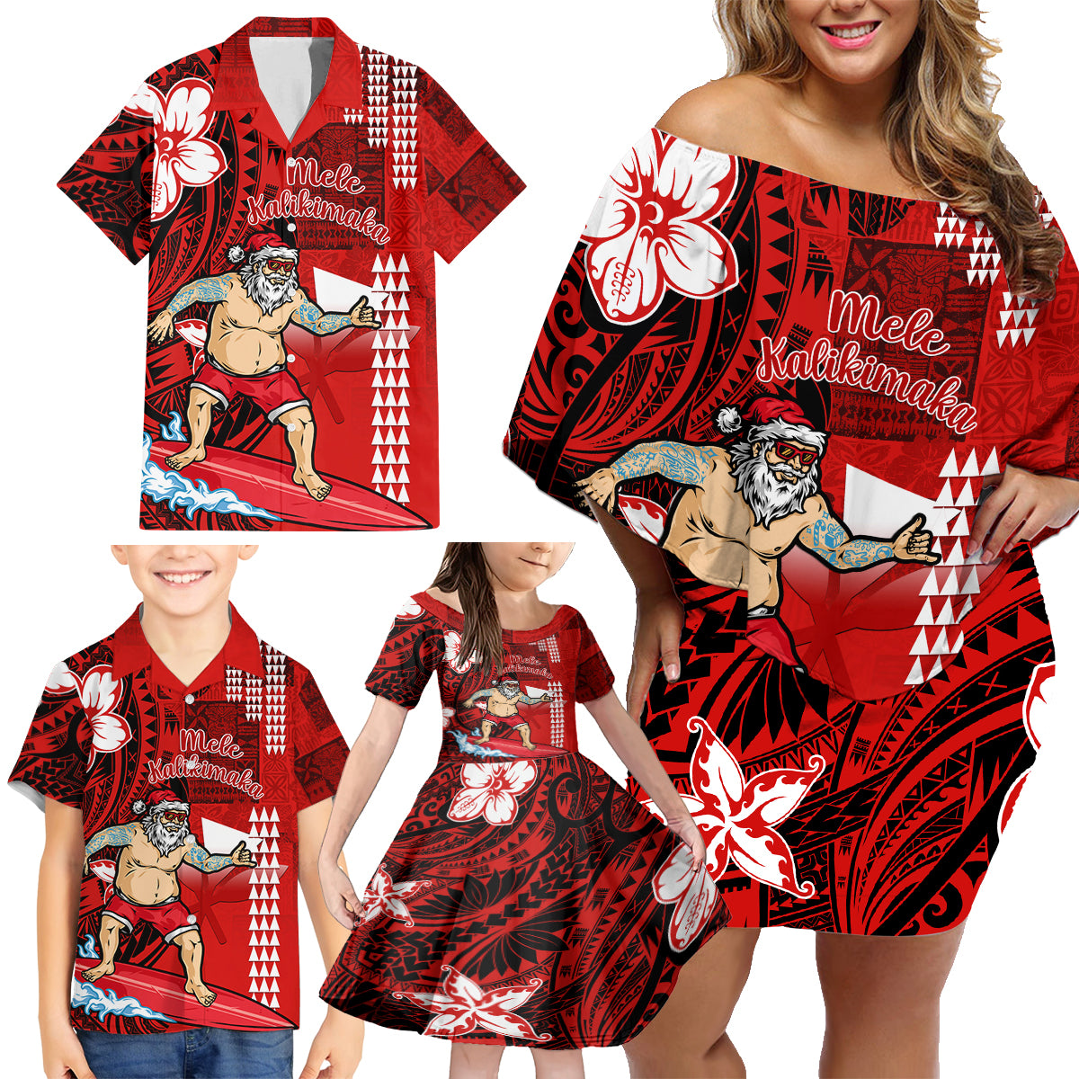 Personalised Hawaii Christmas Family Matching Off Shoulder Short Dress and Hawaiian Shirt Mele Kalikimaka Surfing Santa Claus - Wonder Print Shop