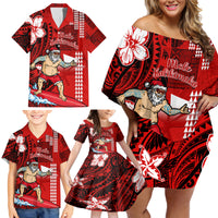 Personalised Hawaii Christmas Family Matching Off Shoulder Short Dress and Hawaiian Shirt Mele Kalikimaka Surfing Santa Claus - Wonder Print Shop