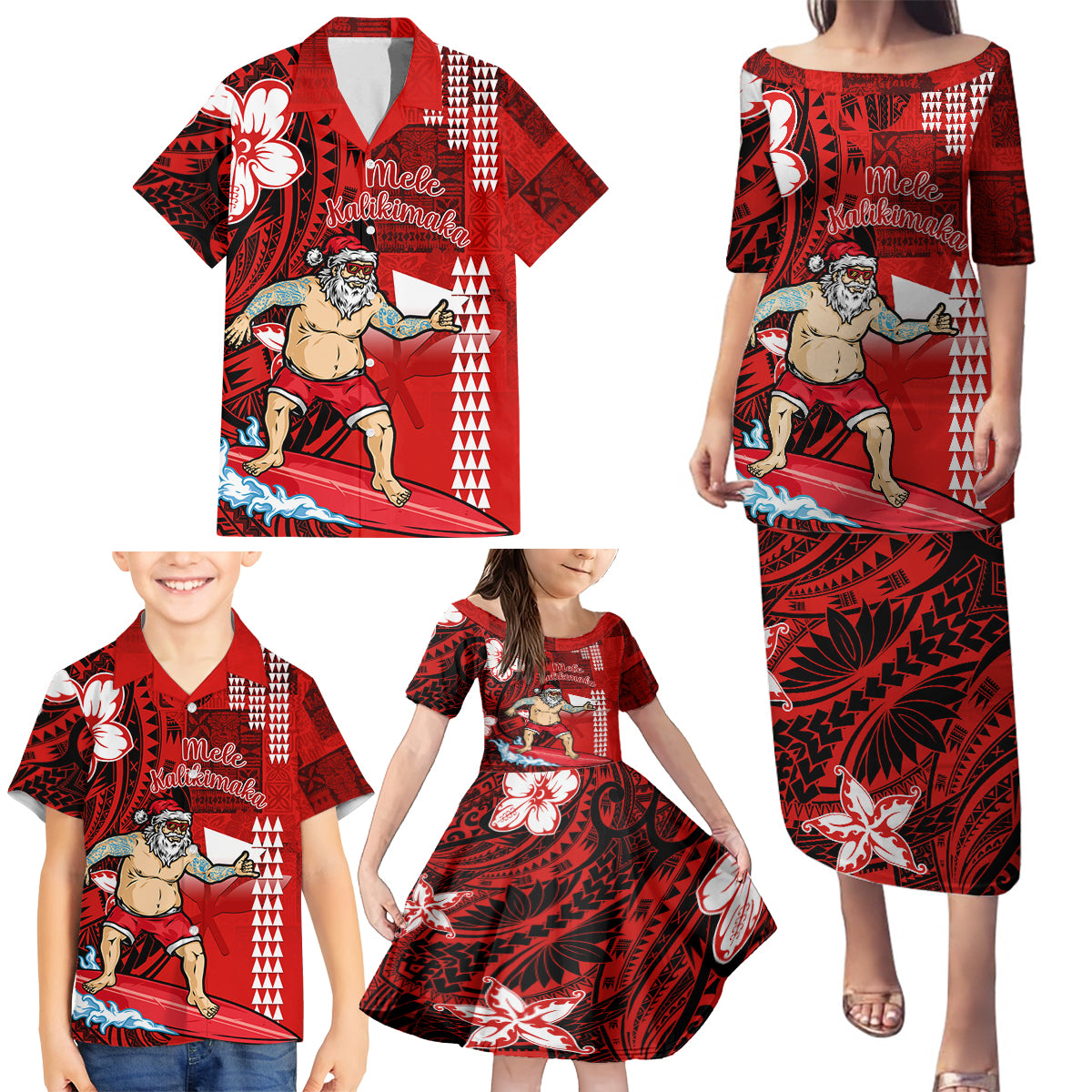 Personalised Hawaii Christmas Family Matching Puletasi Dress and Hawaiian Shirt Mele Kalikimaka Surfing Santa Claus - Wonder Print Shop