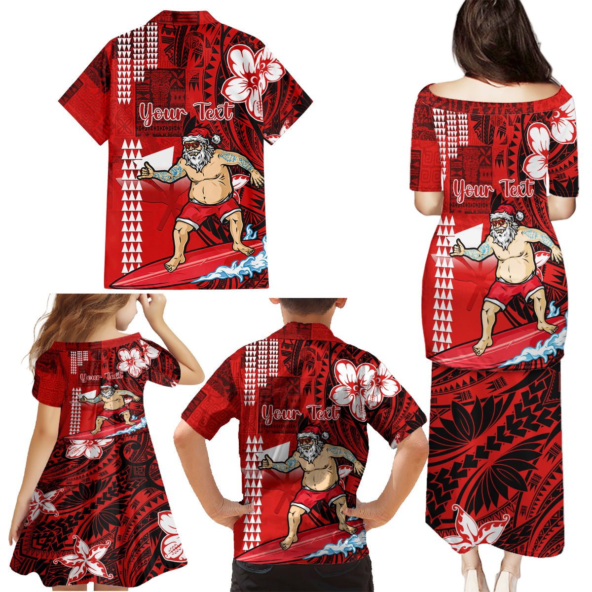 Personalised Hawaii Christmas Family Matching Puletasi Dress and Hawaiian Shirt Mele Kalikimaka Surfing Santa Claus - Wonder Print Shop