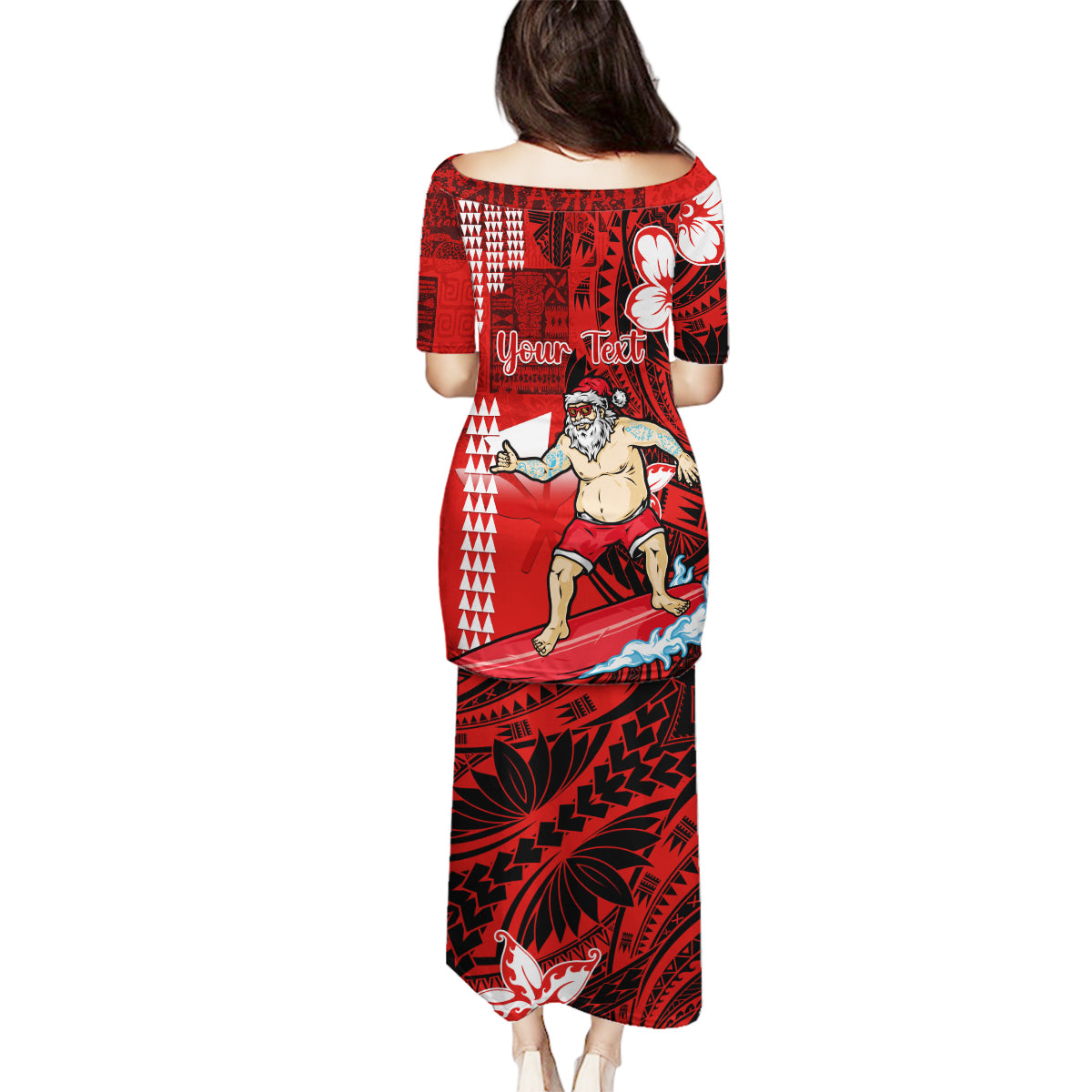 Personalised Hawaii Christmas Family Matching Puletasi Dress and Hawaiian Shirt Mele Kalikimaka Surfing Santa Claus - Wonder Print Shop