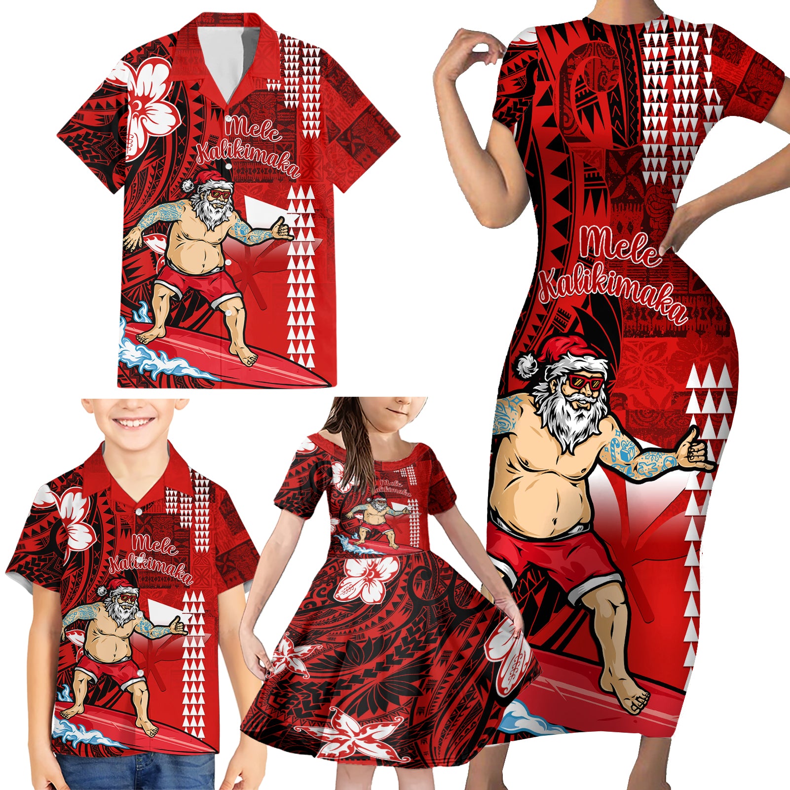 Personalised Hawaii Christmas Family Matching Short Sleeve Bodycon Dress and Hawaiian Shirt Mele Kalikimaka Surfing Santa Claus - Wonder Print Shop