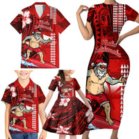 Personalised Hawaii Christmas Family Matching Short Sleeve Bodycon Dress and Hawaiian Shirt Mele Kalikimaka Surfing Santa Claus - Wonder Print Shop