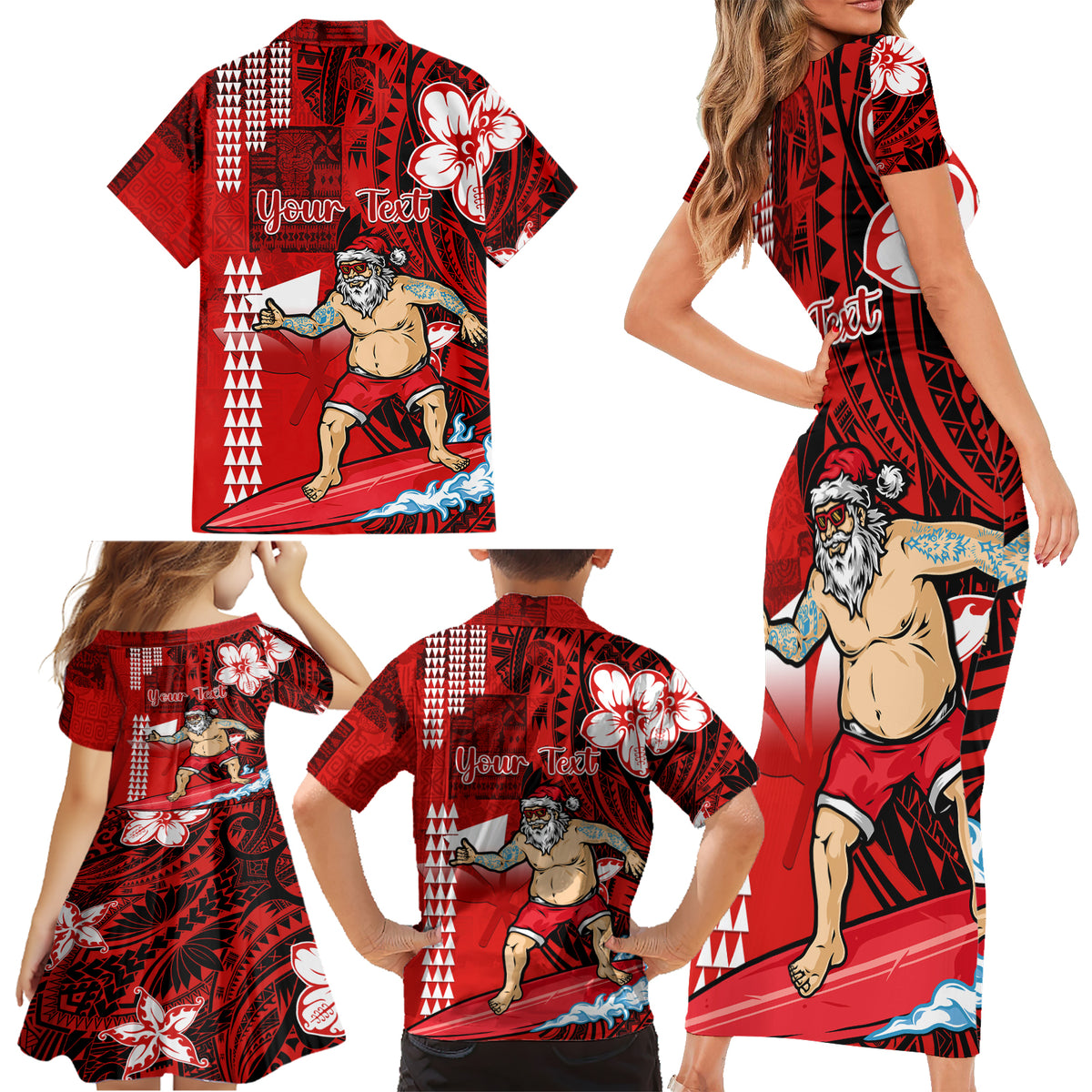 Personalised Hawaii Christmas Family Matching Short Sleeve Bodycon Dress and Hawaiian Shirt Mele Kalikimaka Surfing Santa Claus - Wonder Print Shop