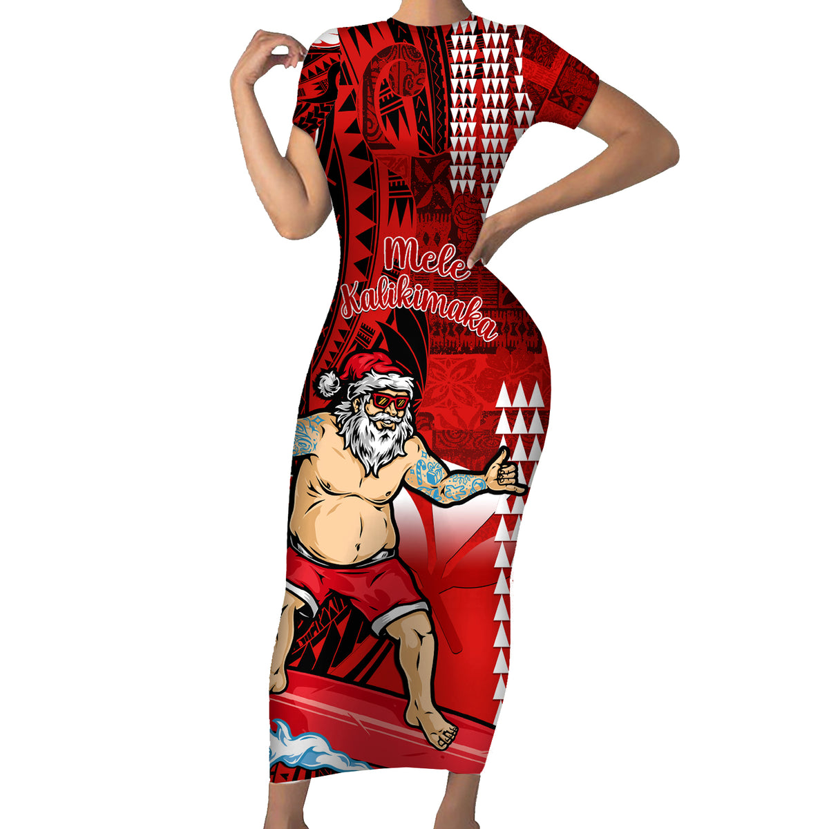 Personalised Hawaii Christmas Family Matching Short Sleeve Bodycon Dress and Hawaiian Shirt Mele Kalikimaka Surfing Santa Claus - Wonder Print Shop