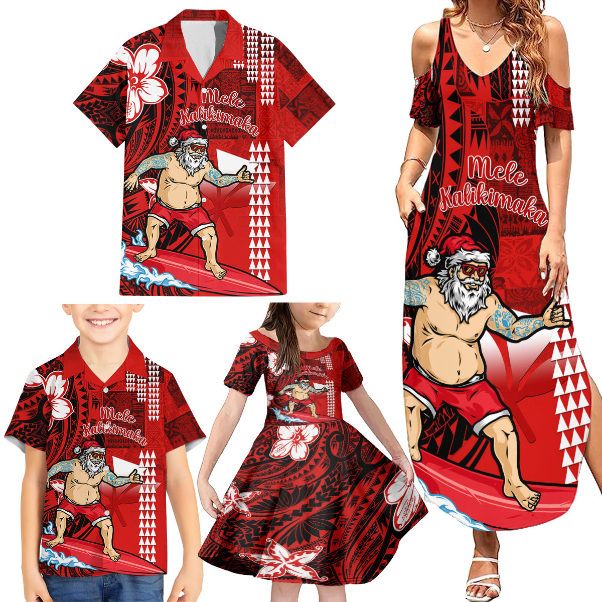 Personalised Hawaii Christmas Family Matching Summer Maxi Dress and Hawaiian Shirt Mele Kalikimaka Surfing Santa Claus - Wonder Print Shop
