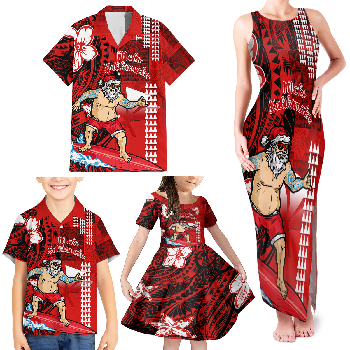 Personalised Hawaii Christmas Family Matching Tank Maxi Dress and Hawaiian Shirt Mele Kalikimaka Surfing Santa Claus - Wonder Print Shop