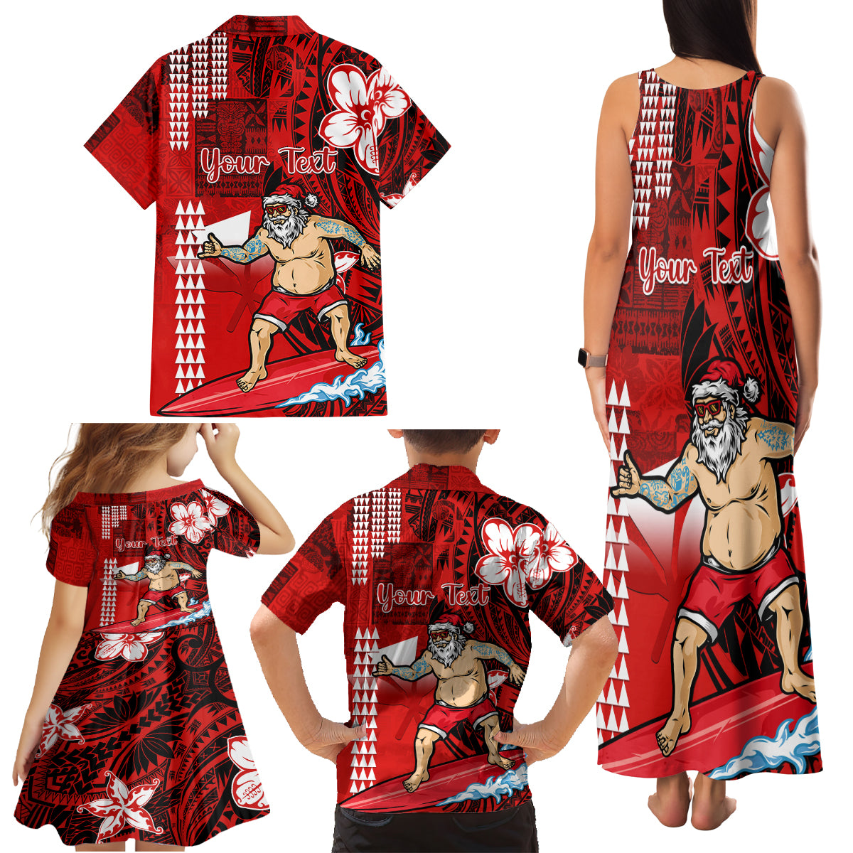 Personalised Hawaii Christmas Family Matching Tank Maxi Dress and Hawaiian Shirt Mele Kalikimaka Surfing Santa Claus - Wonder Print Shop