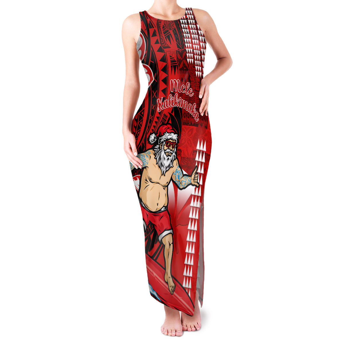 Personalised Hawaii Christmas Family Matching Tank Maxi Dress and Hawaiian Shirt Mele Kalikimaka Surfing Santa Claus - Wonder Print Shop