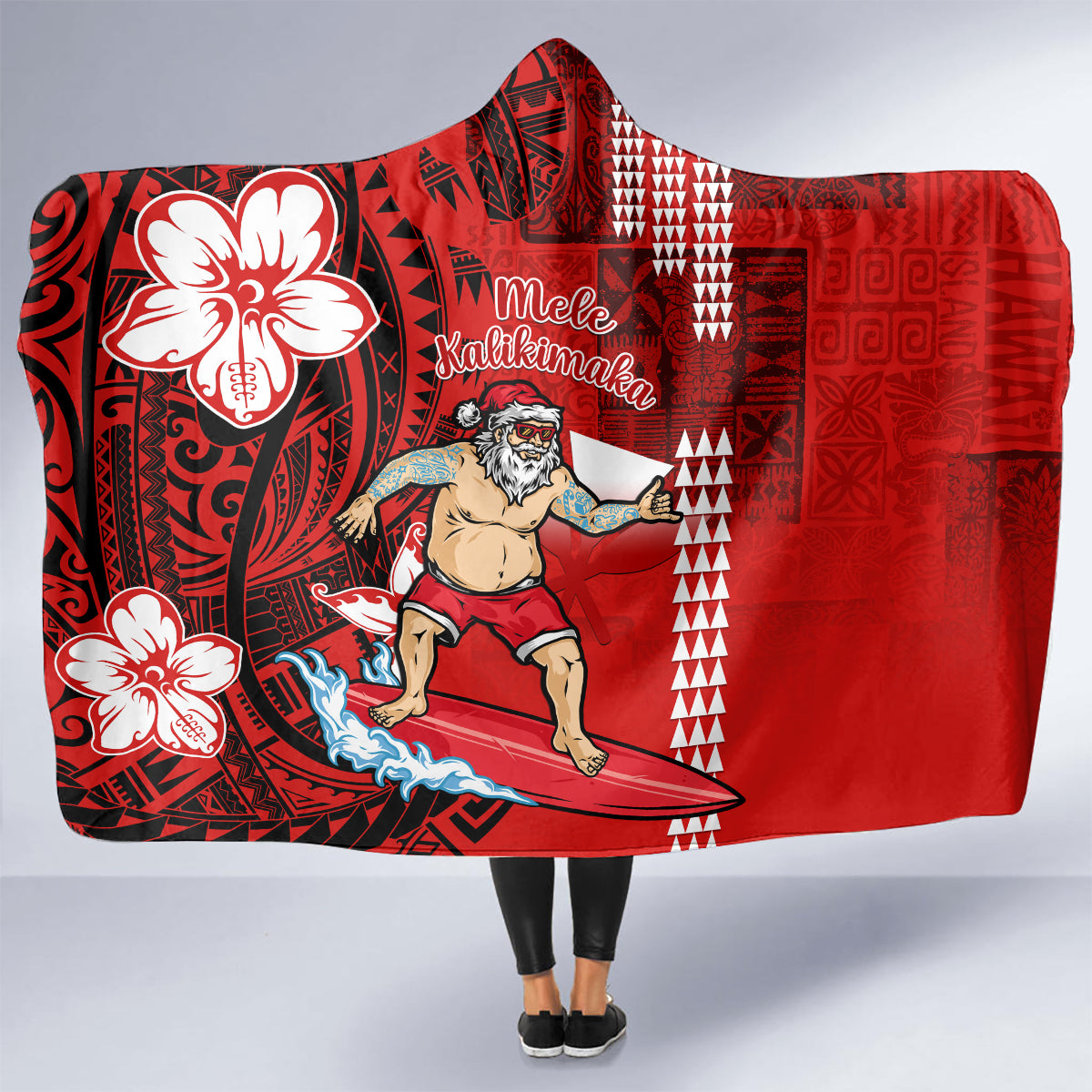 personalised-hawaii-christmas-hooded-blanket-mele-kalikimaka-surfing-santa-claus
