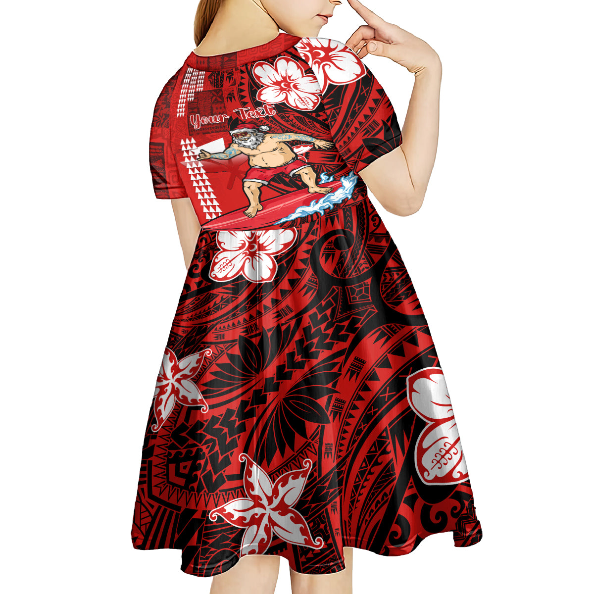 Personalised Hawaii Christmas Kid Short Sleeve Dress Mele Kalikimaka Surfing Santa Claus - Wonder Print Shop