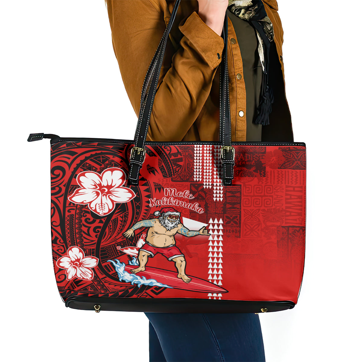 Personalised Hawaii Christmas Leather Tote Bag Mele Kalikimaka Surfing Santa Claus - Wonder Print Shop