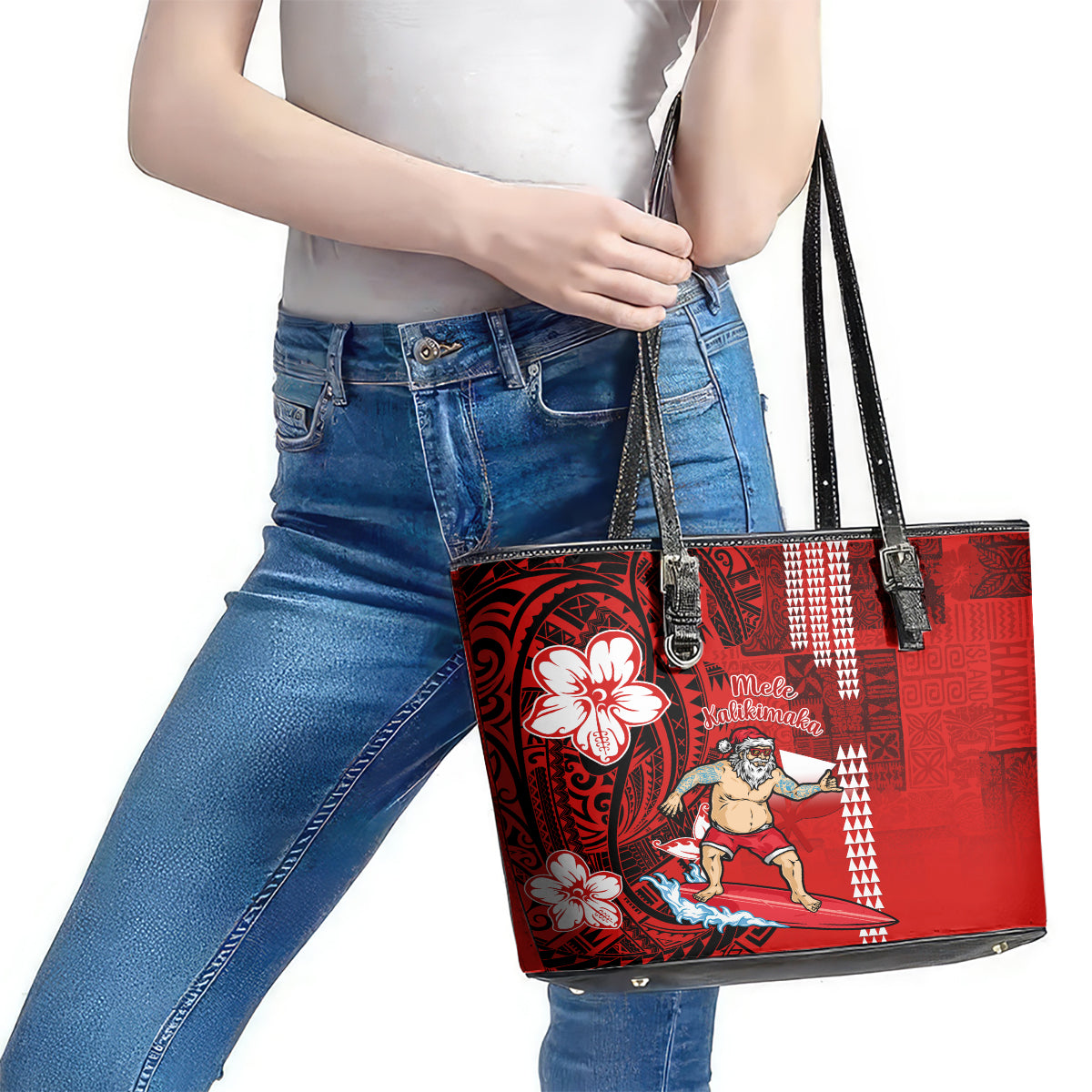 Personalised Hawaii Christmas Leather Tote Bag Mele Kalikimaka Surfing Santa Claus - Wonder Print Shop
