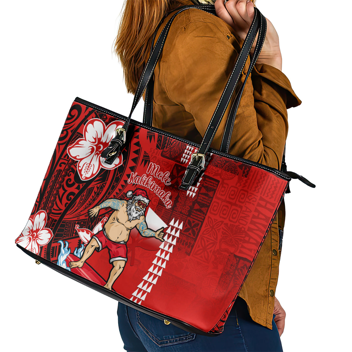 Personalised Hawaii Christmas Leather Tote Bag Mele Kalikimaka Surfing Santa Claus - Wonder Print Shop