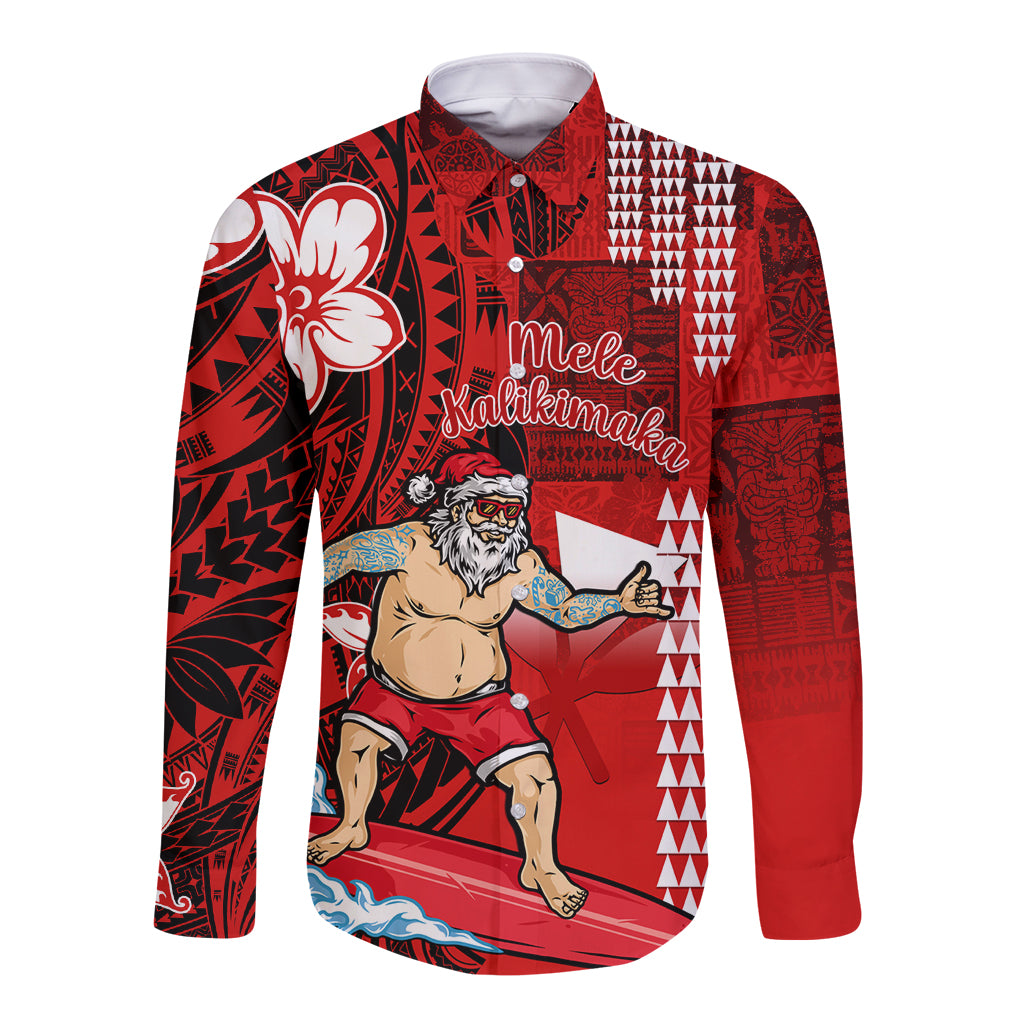 Personalised Hawaii Christmas Long Sleeve Button Shirt Mele Kalikimaka Surfing Santa Claus - Wonder Print Shop
