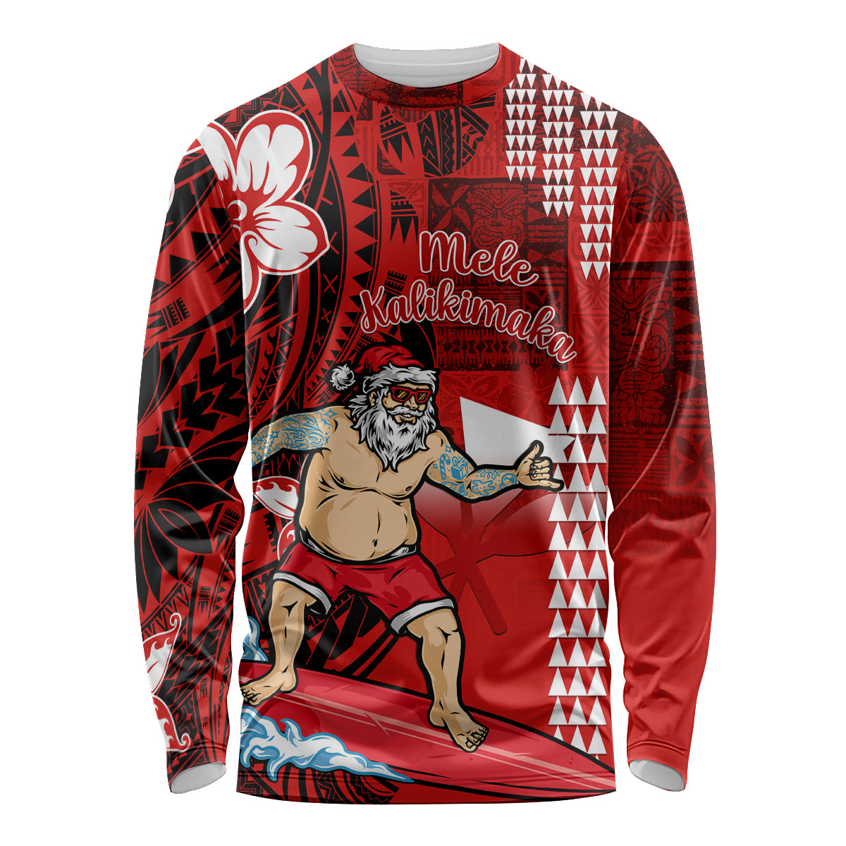 Personalised Hawaii Christmas Long Sleeve Shirt Mele Kalikimaka Surfing Santa Claus - Wonder Print Shop