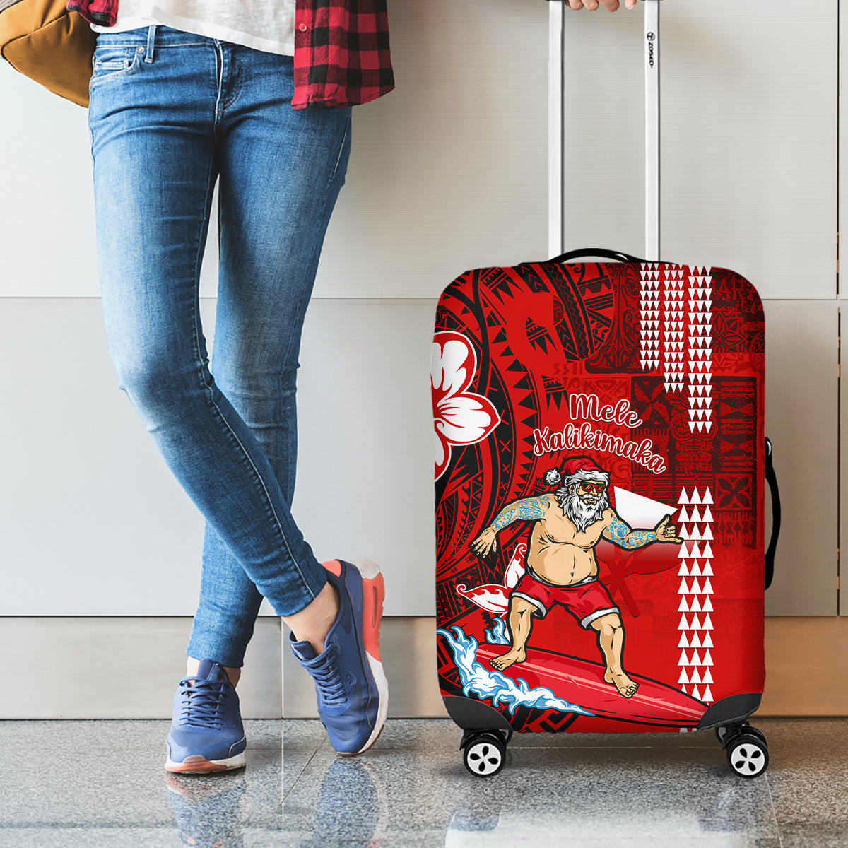 Personalised Hawaii Christmas Luggage Cover Mele Kalikimaka Surfing Santa Claus - Wonder Print Shop