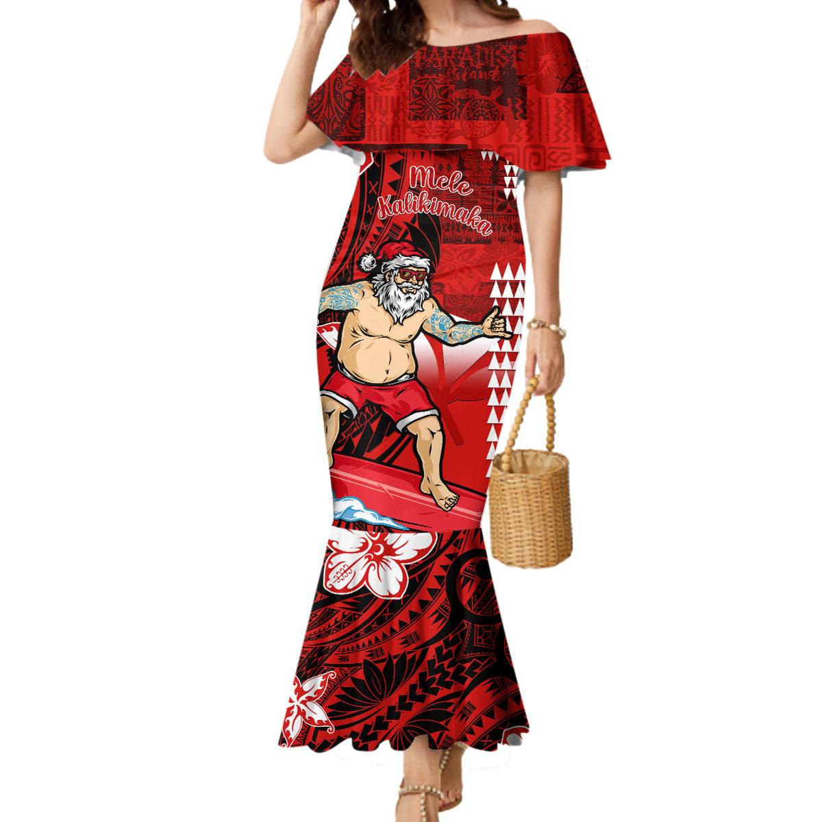 Personalised Hawaii Christmas Mermaid Dress Mele Kalikimaka Surfing Santa Claus - Wonder Print Shop