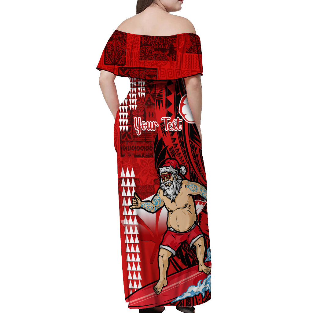 Personalised Hawaii Christmas Off Shoulder Maxi Dress Mele Kalikimaka Surfing Santa Claus - Wonder Print Shop