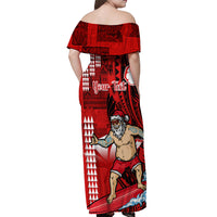 Personalised Hawaii Christmas Off Shoulder Maxi Dress Mele Kalikimaka Surfing Santa Claus - Wonder Print Shop