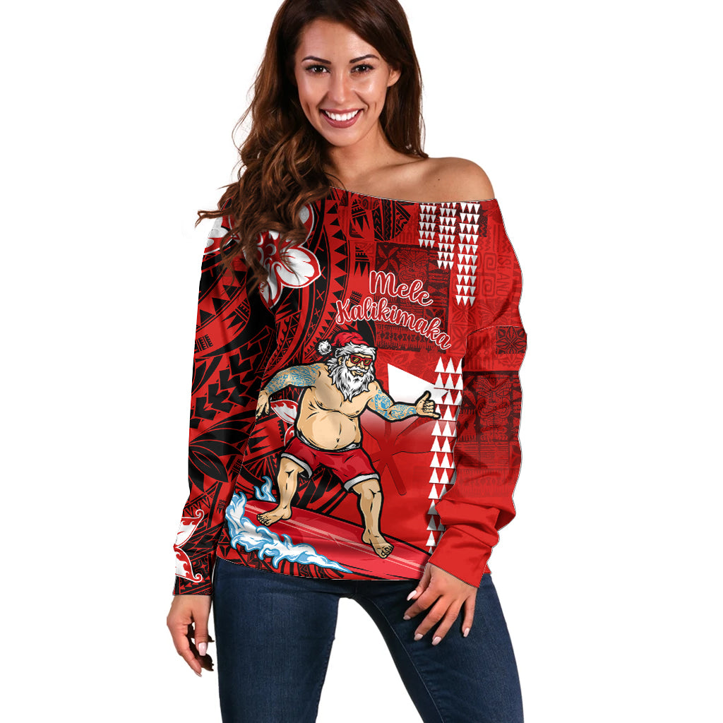 Personalised Hawaii Christmas Off Shoulder Sweater Mele Kalikimaka Surfing Santa Claus - Wonder Print Shop