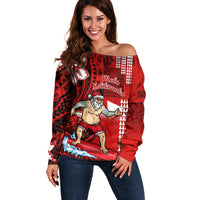 Personalised Hawaii Christmas Off Shoulder Sweater Mele Kalikimaka Surfing Santa Claus - Wonder Print Shop